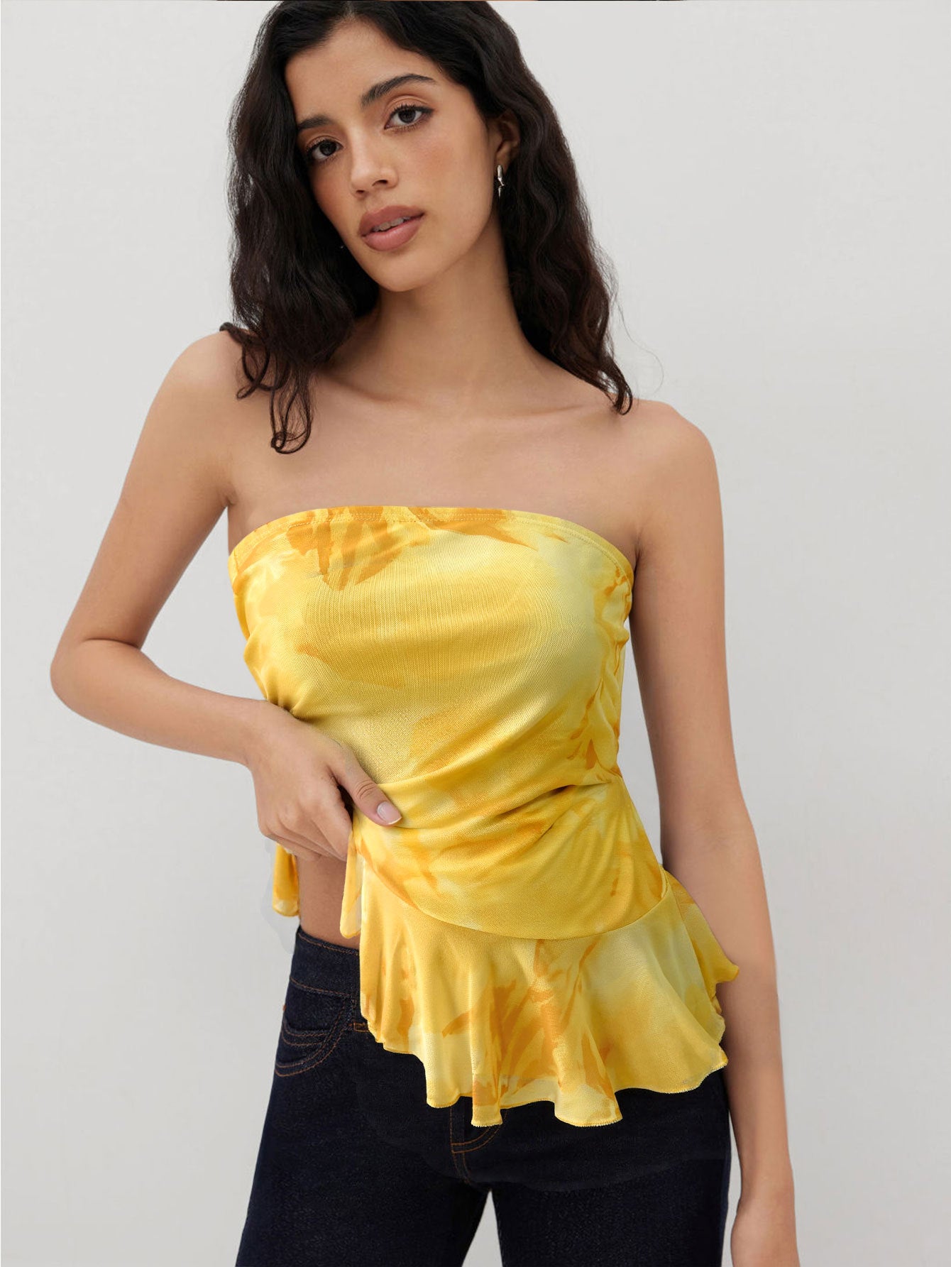 Womens Off-the-Shoulder Ruffled Tube Tie-Dye Vest Top