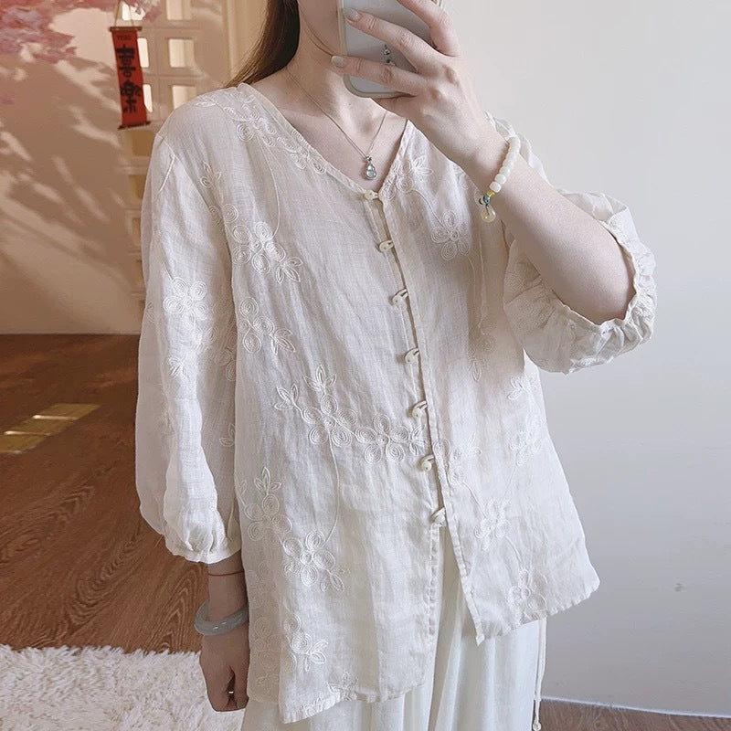 Womens New Chinese-Style Heavy Embroidery V-Neck Cotton-Linen ShirtCardigan