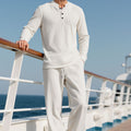 Mens Casual Solid-Color Button-Down Crew-Neck Long-Sleeve Pants Set