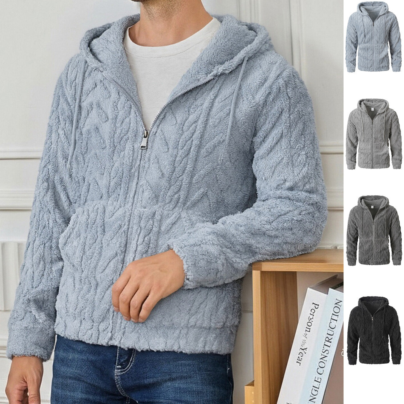 Textured Casual Hooded Top Cardigan Sweatshirt Jacket