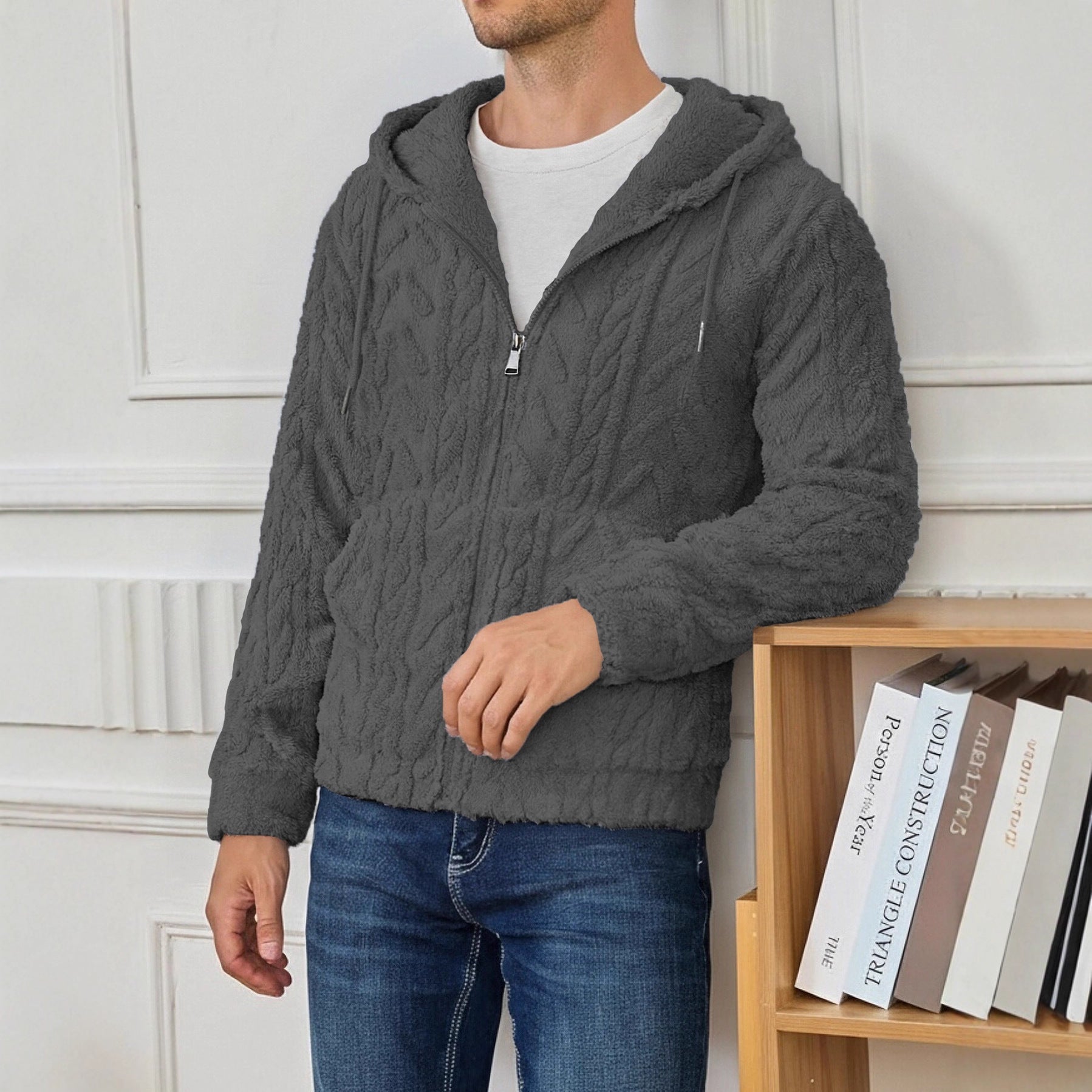 Textured Casual Hooded Top Cardigan Sweatshirt Jacket