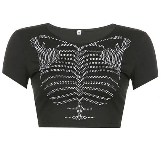 Skeleton-Design Rhinestone Crop Top Dark-Style Womens Pullover T-Shirt