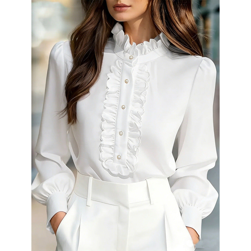 Womens Solid-Color French-Elegant Ruffle-Trimmed Shirt