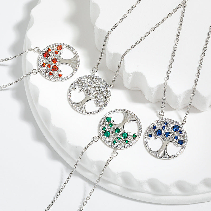 Womens Hollow Color Zircon Tree Of Life Necklace