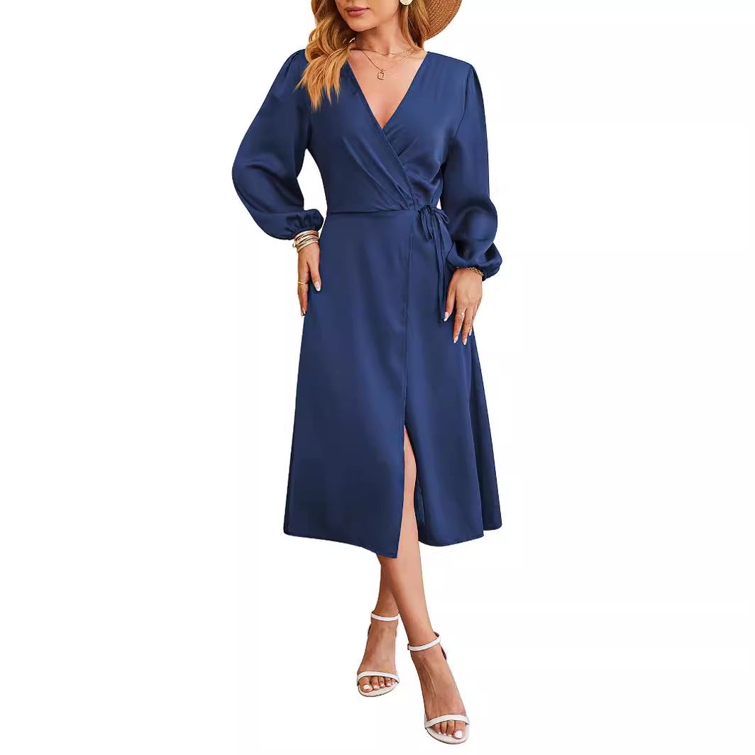 New Satin Solid-color V-neck Skirt With A Slitsexy Dress