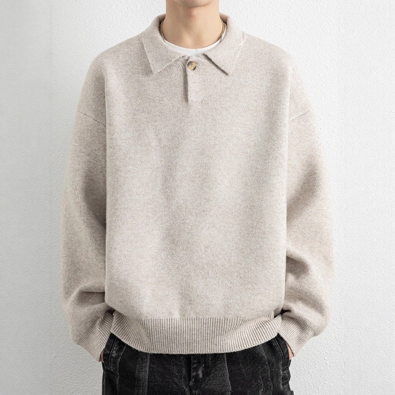 Retro Polo-collar Relaxed-fit Laid-back Single-button Sweater
