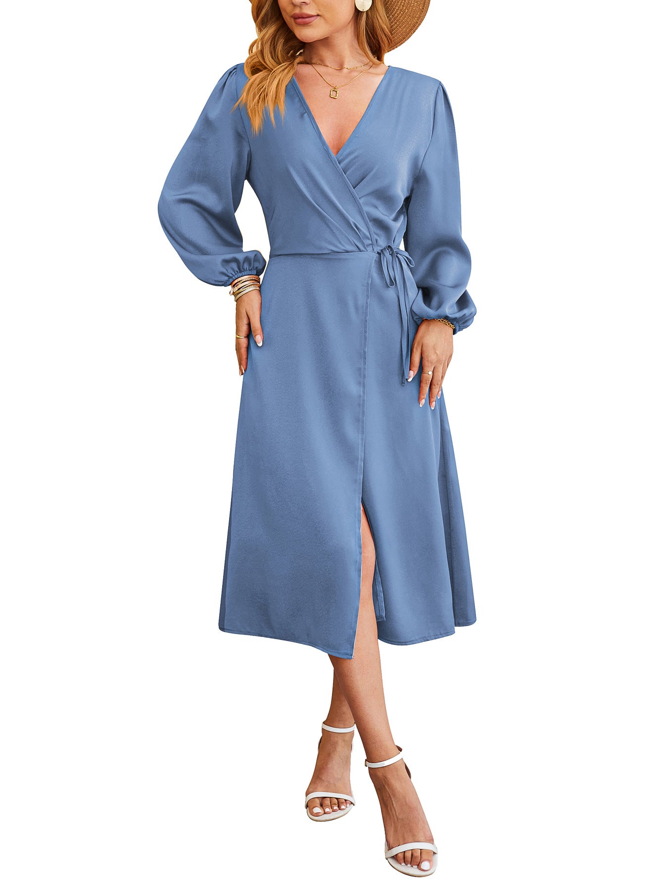 New Satin Solid-color V-neck Skirt With A Slitsexy Dress