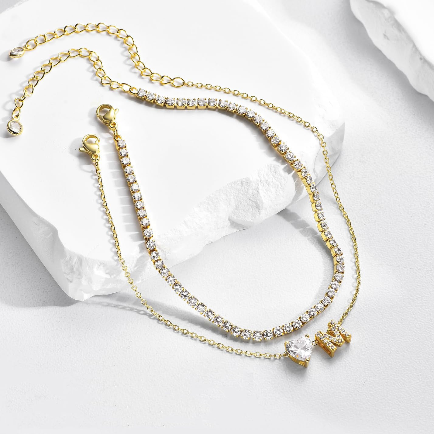 26 Letters Loving Heart Zircon Inlaid Layered Anklet