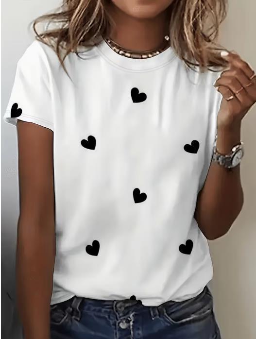 Black-and-white Contrast All-over Print, Heart-shaped Graphic T-shirt