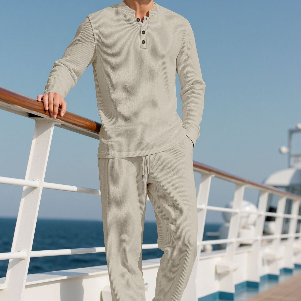 Mens Casual Solid-Color Button-Down Crew-Neck Long-Sleeve Pants Set