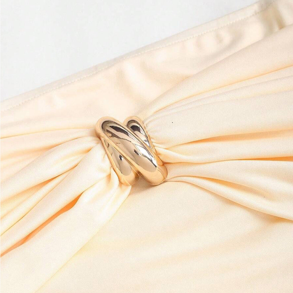 Womens Solid-Color Fashion Metal-Clasp Off-Shoulder Short Sleeve Top