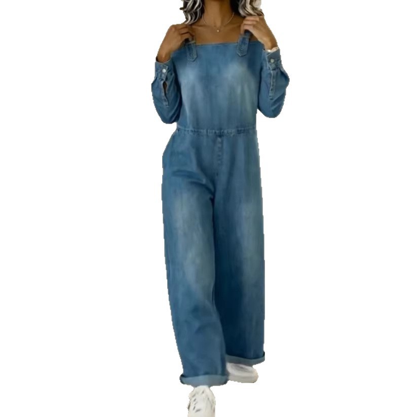 Womens Denim Printed Long-Sleeve Loose Casual Jumpsuit With Pockets