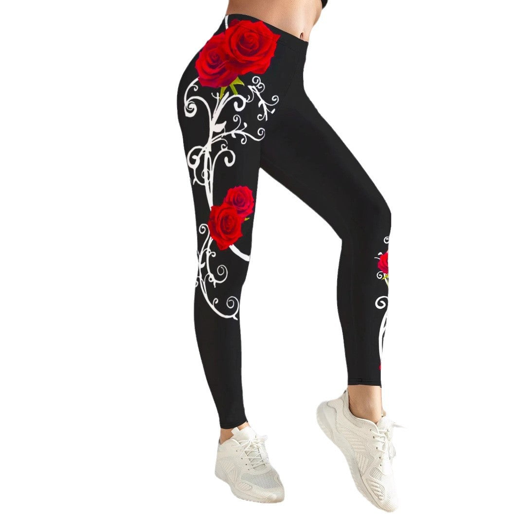 Rosed-print Leggings For Casual Wear In European And American Styles