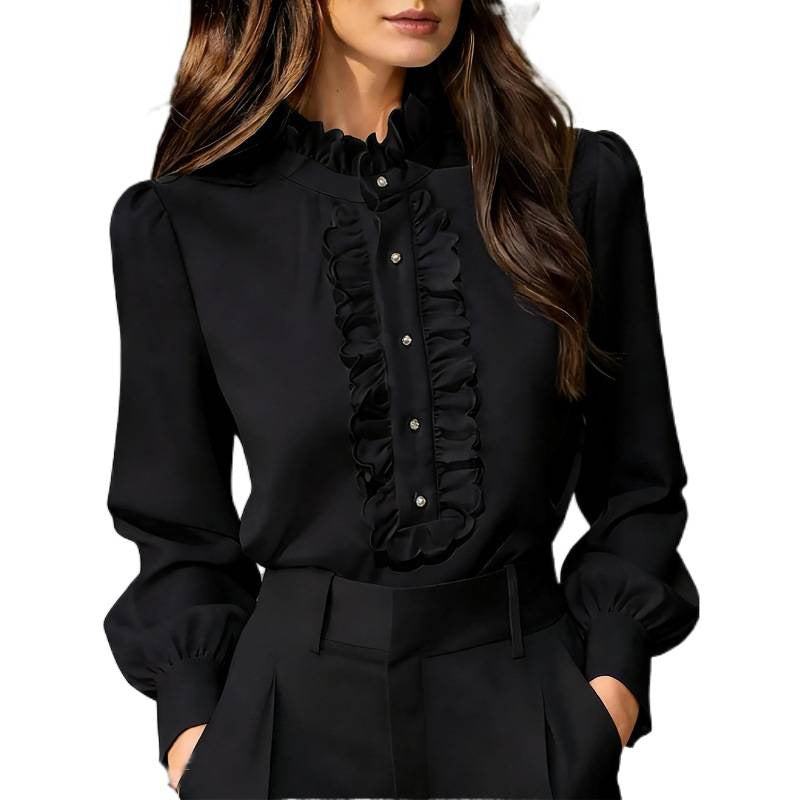 Womens Solid-Color French-Elegant Ruffle-Trimmed Shirt