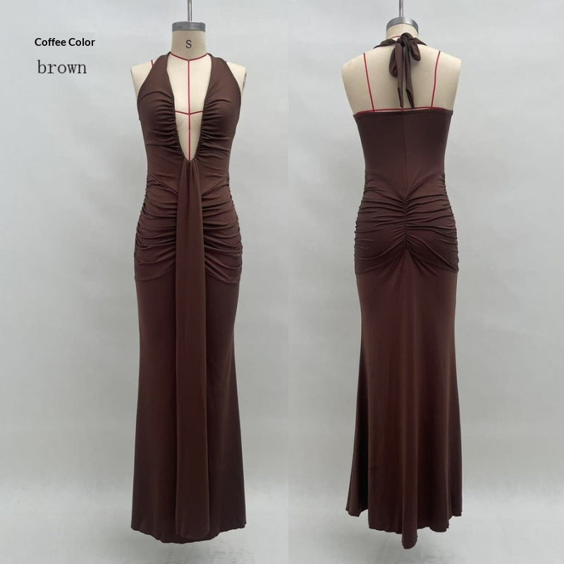 Solid Color Elegant Halter Deep V Waist-slimming Long Dress