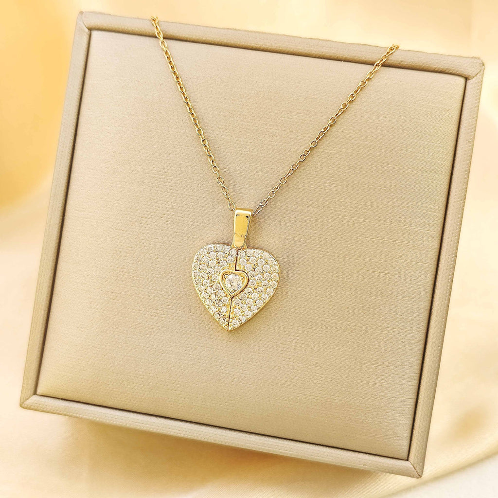 Full Crystal Hinged Heart Necklace Colorfast Titanium Steel Accessory