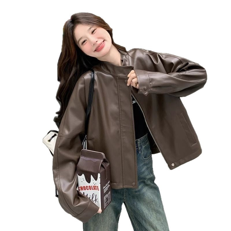 Womens Cropped American Retro Coffee-colored Leather Biker Jacket