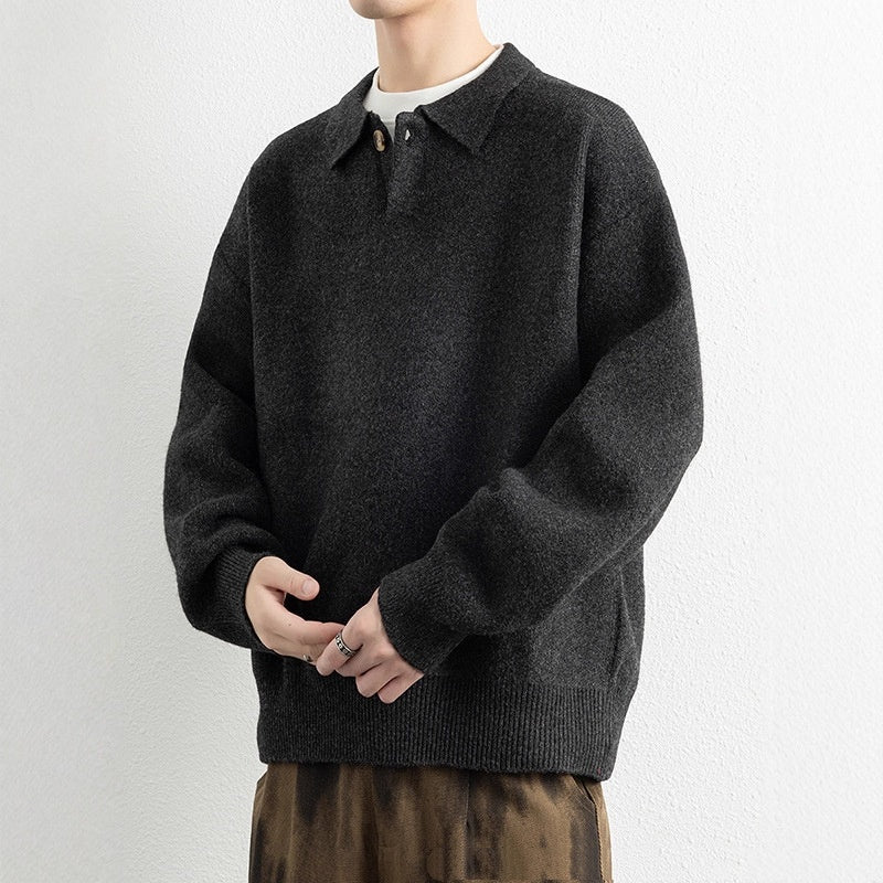 Retro Polo-collar Relaxed-fit Laid-back Single-button Sweater