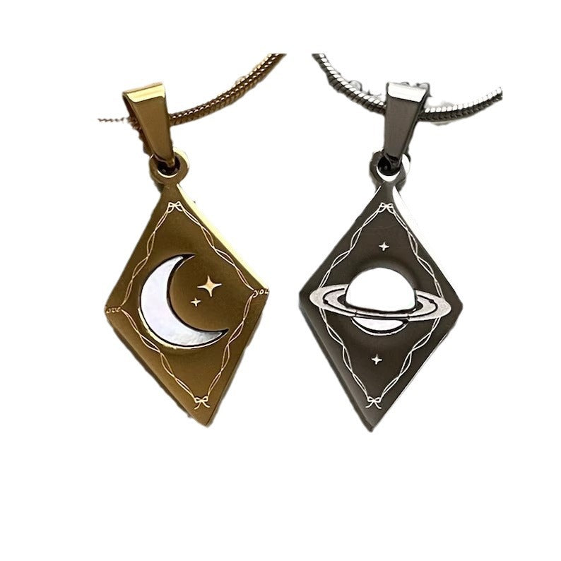 Creative Sun Moon And Planet Double Sided Diamond Shaped Pendant Necklace