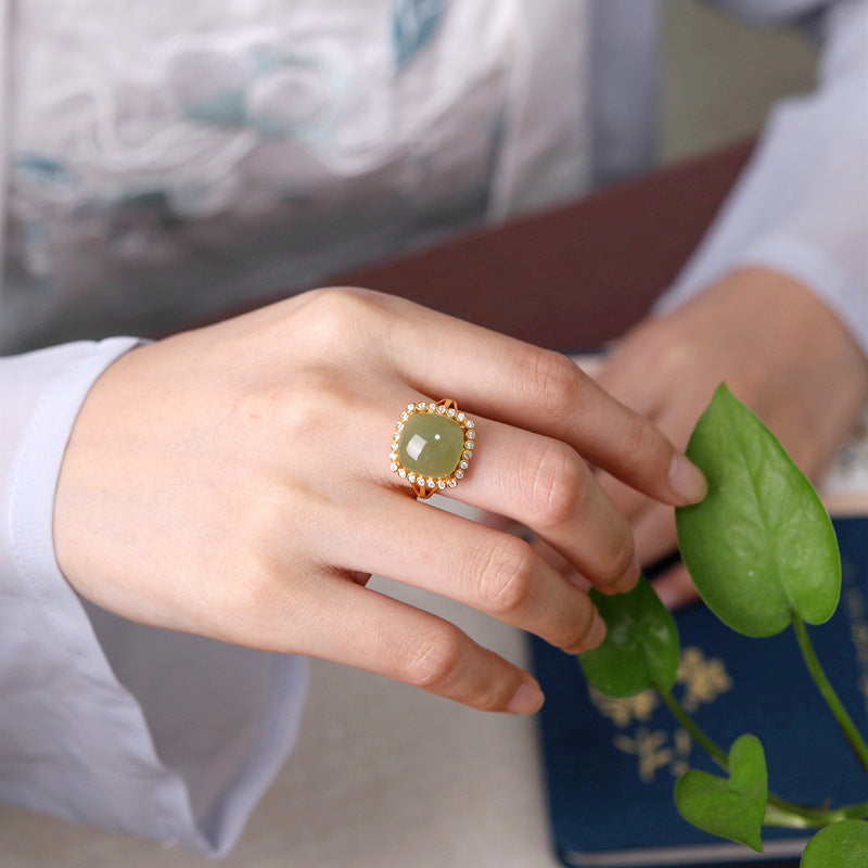 Qishang Biyu Square Ring Minimalist Geometric Square In White Jade And Green Jade