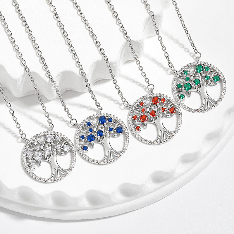 Womens Hollow Color Zircon Tree Of Life Necklace