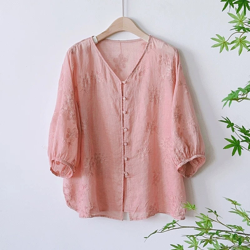 Womens New Chinese-Style Heavy Embroidery V-Neck Cotton-Linen ShirtCardigan