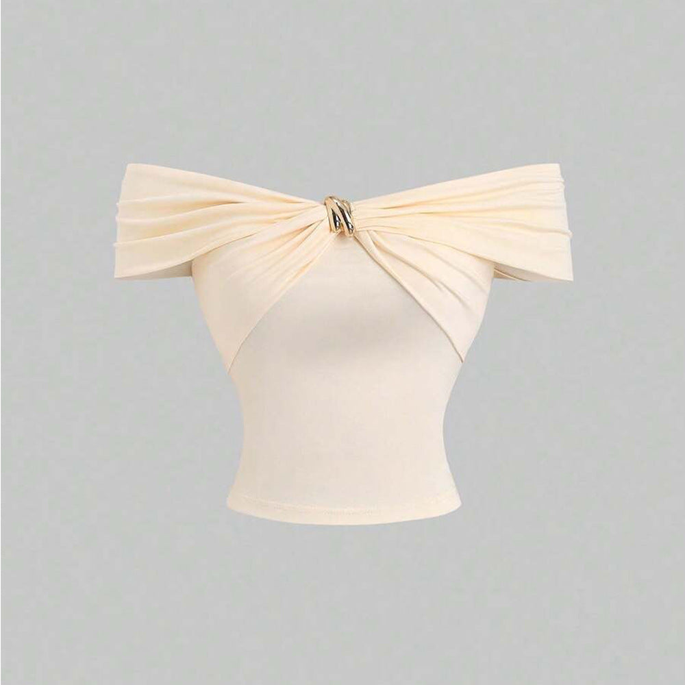 Womens Solid-Color Fashion Metal-Clasp Off-Shoulder Short Sleeve Top