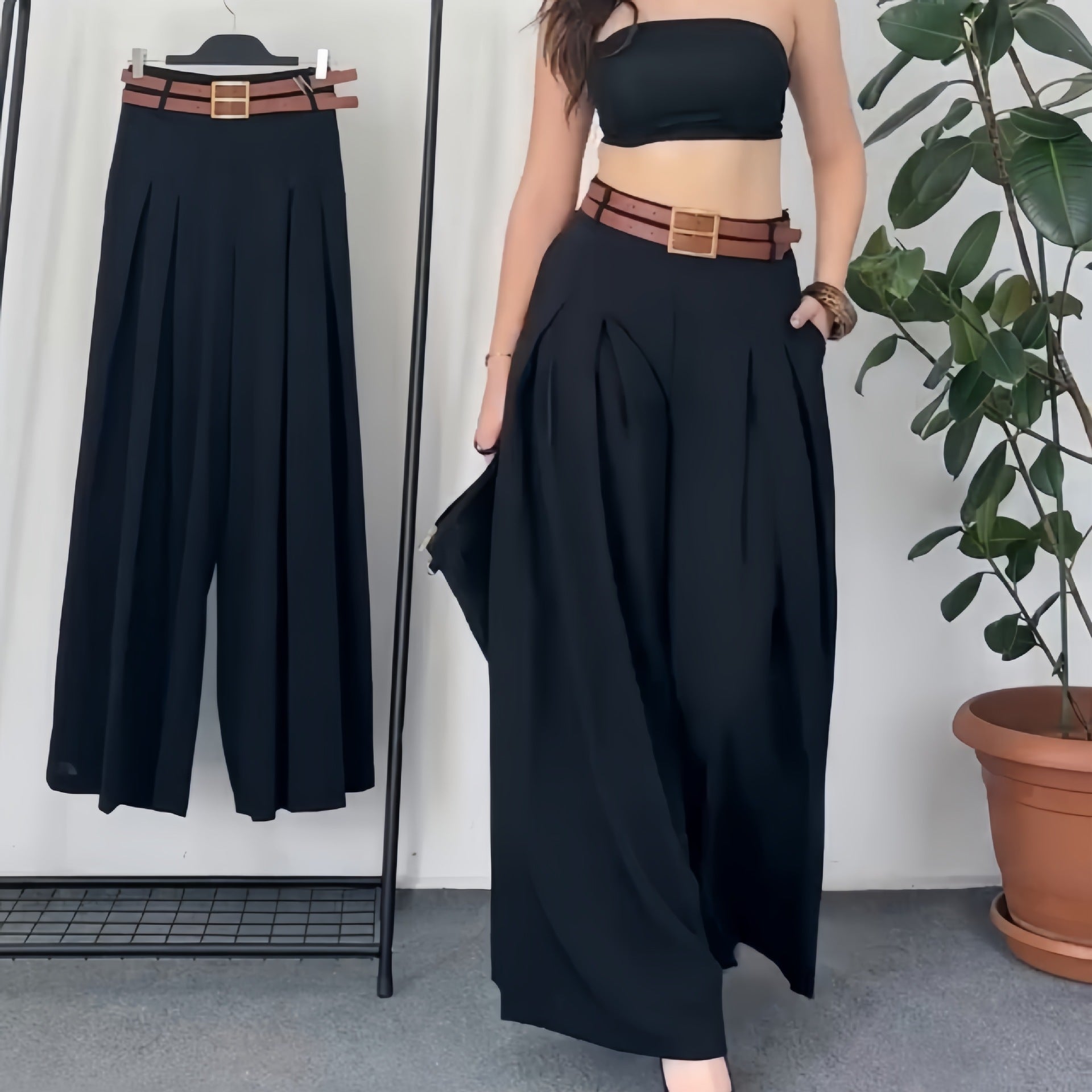 Womens Stylish High-waisted Wide-leg Pants With An Elasticized Back Waist