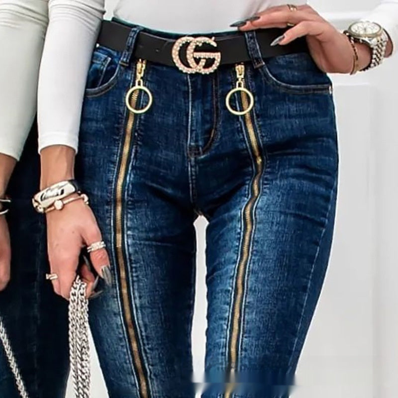 Dark Blue Metal-zipper Jeans From Europe And The US