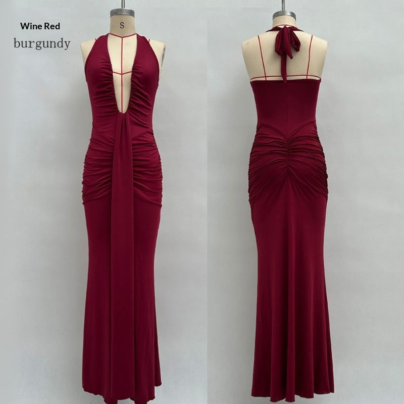 Solid Color Elegant Halter Deep V Waist-slimming Long Dress