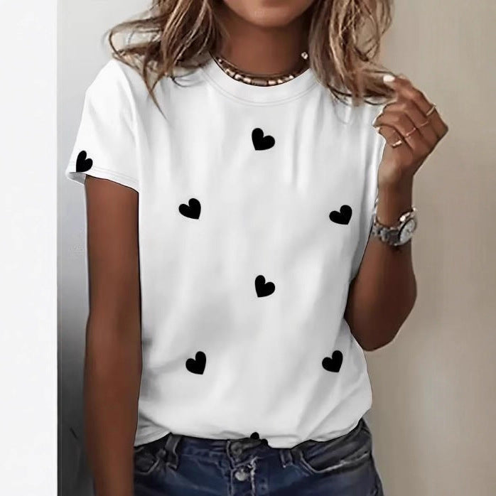 Black-and-white Contrast All-over Print, Heart-shaped Graphic T-shirt