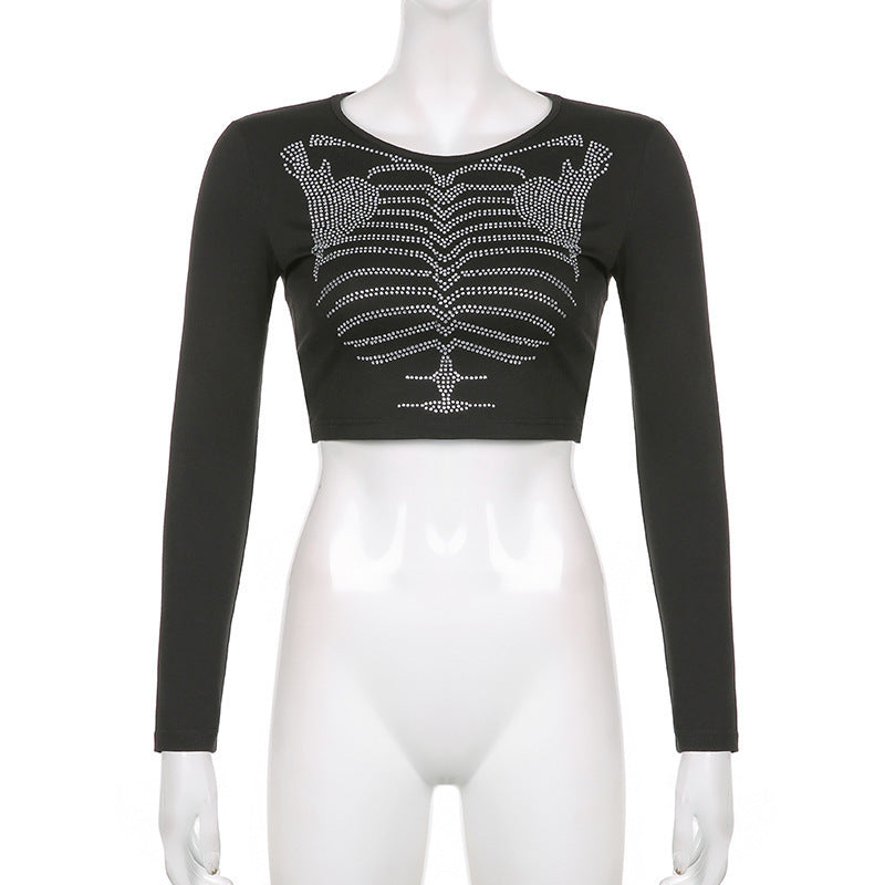 Skeleton-Design Rhinestone Crop Top Dark-Style Womens Pullover T-Shirt