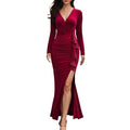Womens Solid-Color V-Neck Velvet High-Waist Dress With Side Slit
