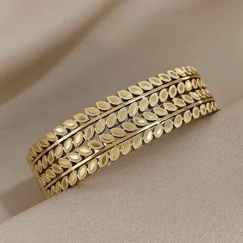 Bohemian-style Unique Wide-opening Stainless Steel Bracelet With Leaf Design
