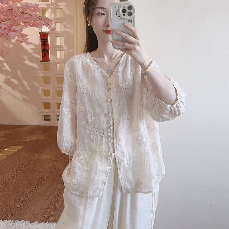 Womens New Chinese-Style Heavy Embroidery V-Neck Cotton-Linen ShirtCardigan