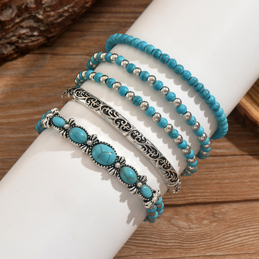 Beaded Bow Bracelet Set Vintage Turquoise Bracelet 5-Piece Set