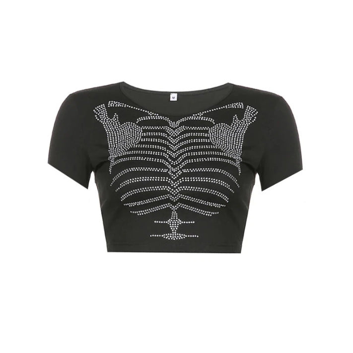 Skeleton-Design Rhinestone Crop Top Dark-Style Womens Pullover T-Shirt