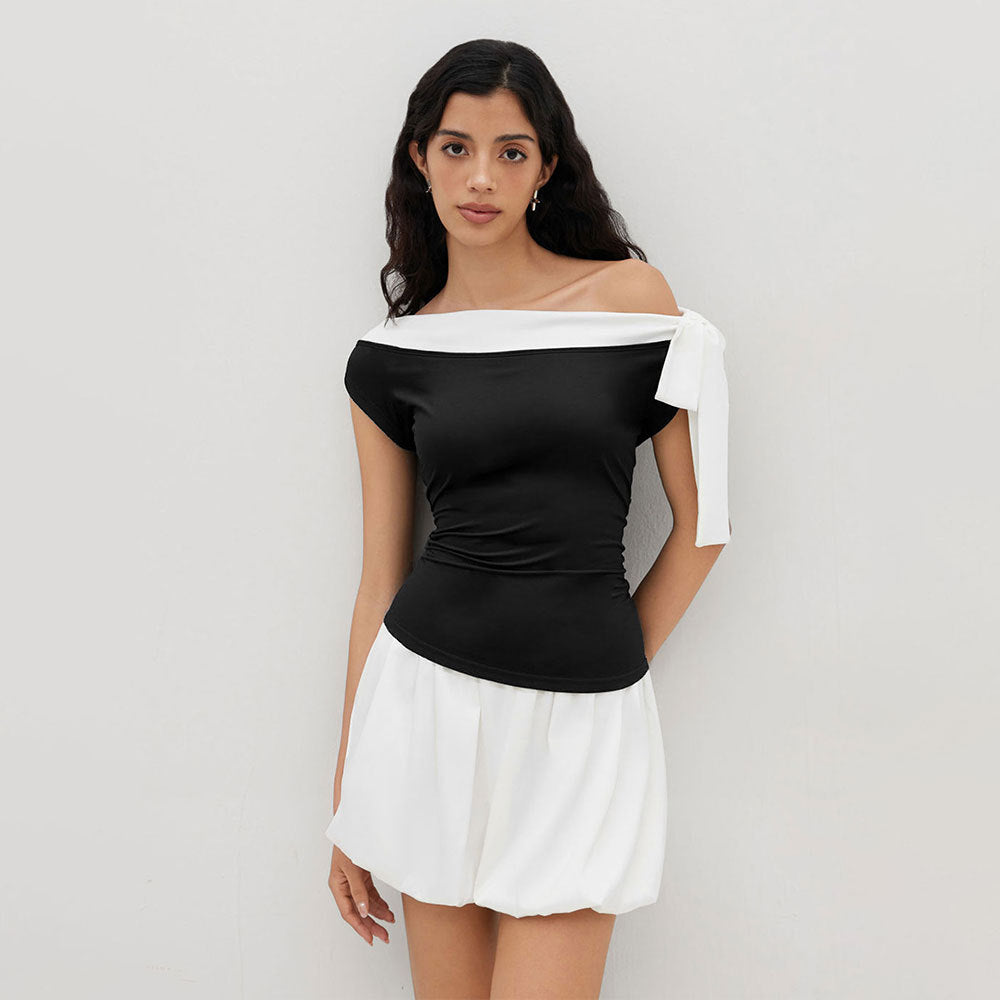 Womens Color-Block Slim-Fit Off-Shoulder Bow-Tie Neck Sleeveless Top