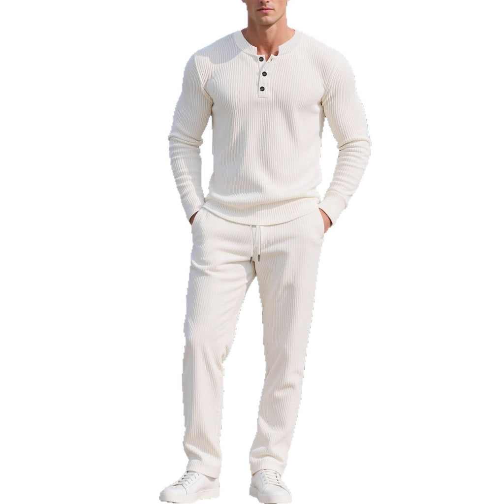 Mens Casual Solid-Color Button-Down Crew-Neck Long-Sleeve Pants Set