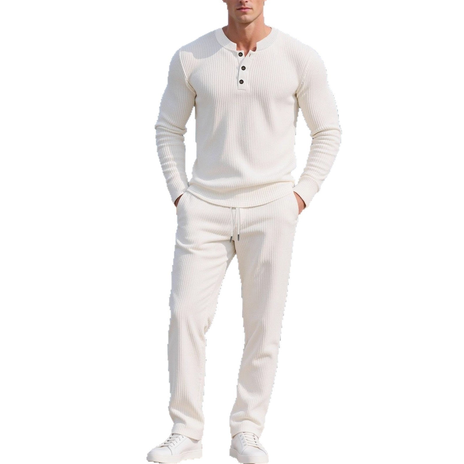 Mens Casual Solid-Color Button-Down Crew-Neck Long-Sleeve Pants Set
