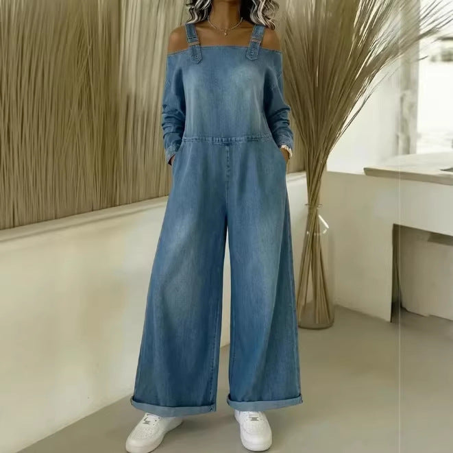 Womens Denim Printed Long-Sleeve Loose Casual Jumpsuit With Pockets