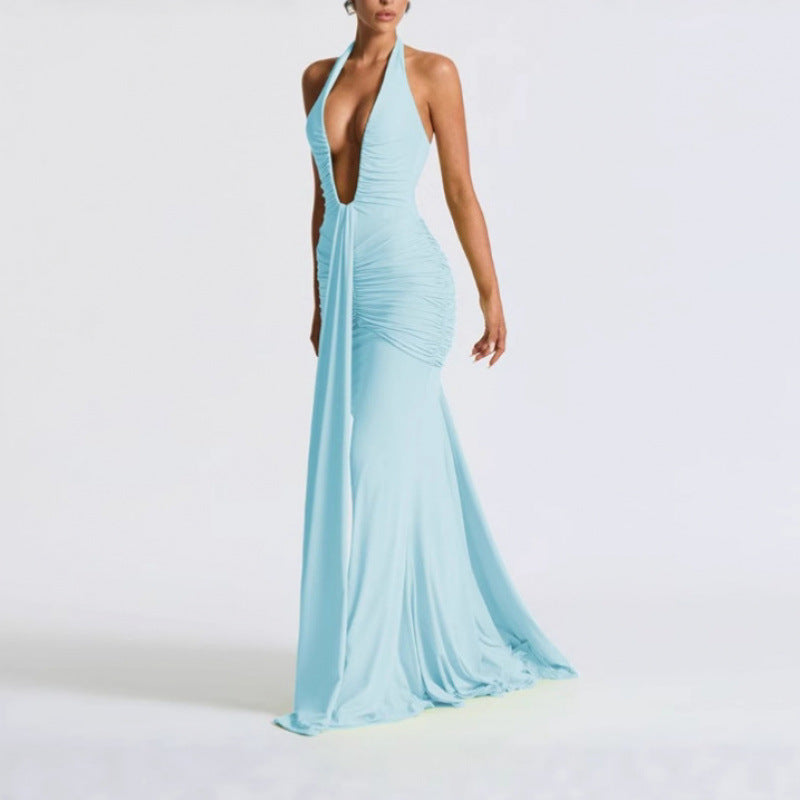Solid Color Elegant Halter Deep V Waist-slimming Long Dress