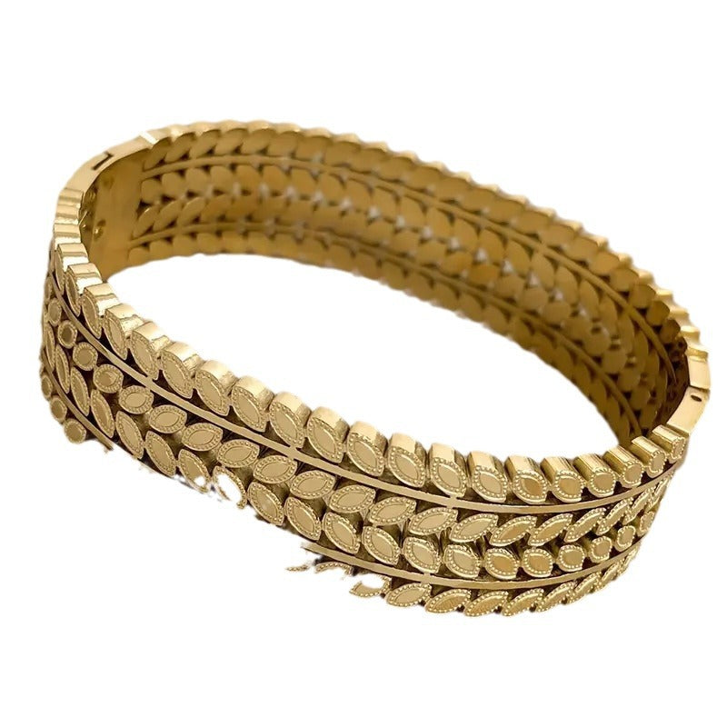 Bohemian-style Unique Wide-opening Stainless Steel Bracelet With Leaf Design