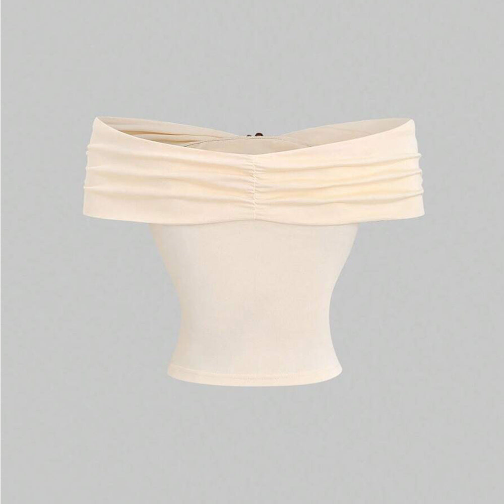 Womens Solid-Color Fashion Metal-Clasp Off-Shoulder Short Sleeve Top